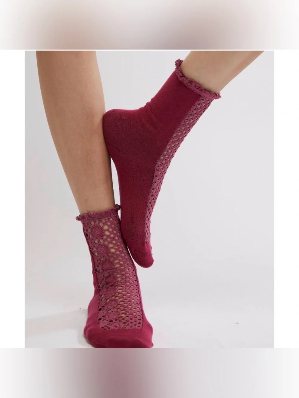 Free People Rubies Crochet Ruffle Socks in Deep Sea Burgundy NWT